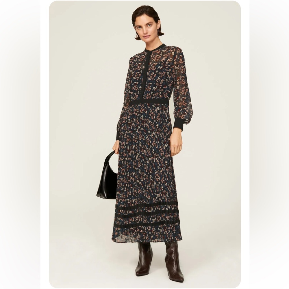 Club Monaco Floral Pleated Midi Dress • Size XS • Sheer Long Sleeve